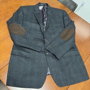 Lauren Ralph Lauren Charcoal Gray Blue‎ Plaid Wool Blazer Elbow Patch size 46 L